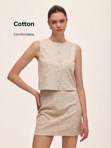 SHEIN Unity Bộ 2 món/Bộ áo crop top không tay & chân váy chữ A, thanh lịch khi đi làm & dự tiệc - Màu be - Xem 1