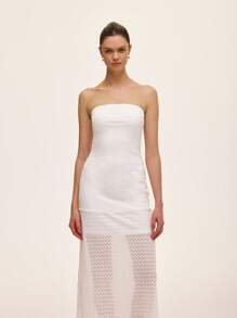 Chiquease Abito elegante da donna con colore unito, senza spalline, con inserti in pizzo e orlo a contrasto e con taglio a righe - Bianco - Visualizzare 7