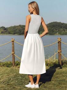 SHEIN LUNE Women's Sleeveless Ruched Ribbed Shirred A-Line Midi Dress, Casual/Vacation Elegant Comfortable Everyday Dress - White - View 2