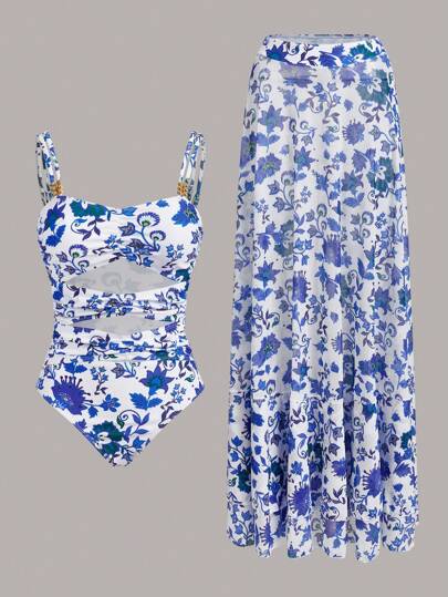Swim Oasis Women Floral Print Hollow Out One-Piece Swimsuit With Matching Skirt For Summer Beach Vacation