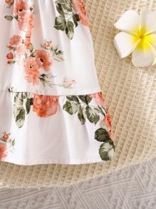 SHEIN Babygirl Summer Cute Vacation White Leaves Pattern Sleeveless Dress