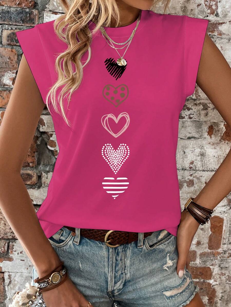 SHEIN LUNE Damen Lässig Rundhals Kurzarm Herz Muster Strick T-Shirt, Bestseller