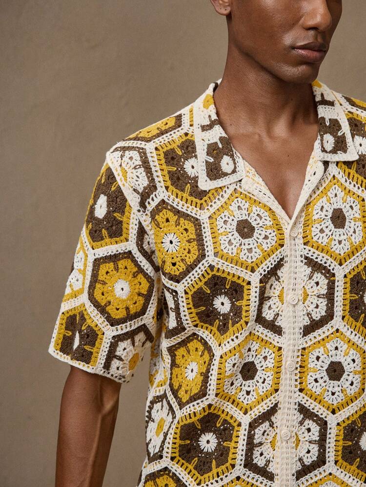 Men's Knitted Crochet Fashion Casual Slim Fit Turndown Collar Short Sleeve Cardigan Sweater, Suitable For Daily, Commute, Summer, Vacation, Party, Couples, Boyfriend Gift, Beachwear, Father's Day Gift