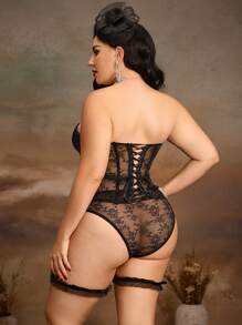 Vintage Palace Satin Lace Fishbone Bodysuit Sexy Plus Size Lingerie - Black - View 3