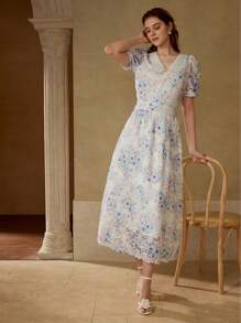 MOTF 对比色凸纹蕾丝连衣裙 - 藍色 - 查看 3