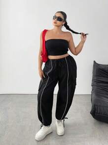 SHEIN PETITE CURVE Plus Size Elastic Waist Drawstring Cargo Pocket Pants With Ribbed Hem, Suitable For Short Stature - Black - View 6