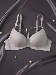 1pc Romantic Solid Color Underwire Supportive Adjustable Bra, Women's - Khaki - View 1