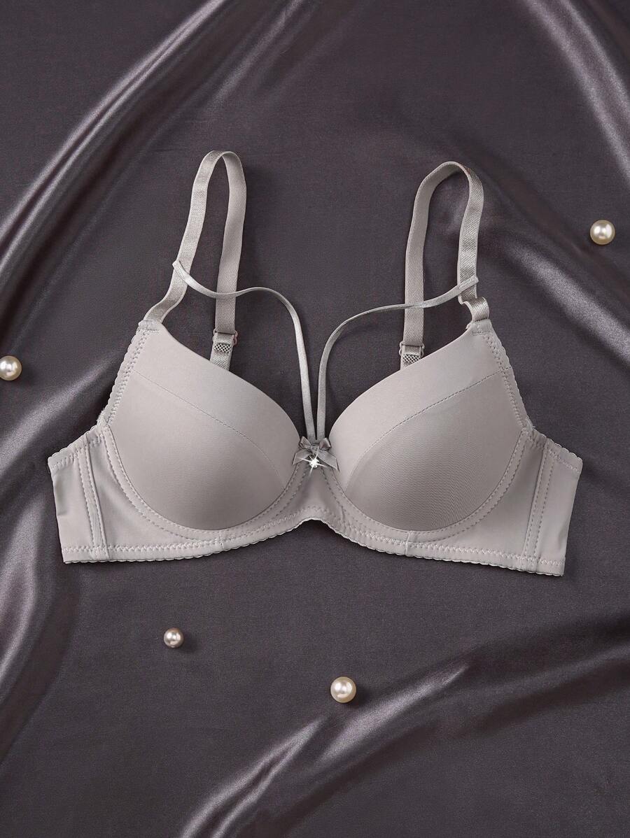 1pc Romantic Solid Color Underwire Supportive Adjustable Bra, Women's - Khaki - View 1