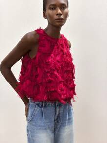 Maija Top débardeur sans manches pour femmes, style bohème de vacances décontracté, avec encolure ronde, ourlet à volant, décor de plumes, en jacquard fuchsia. Confortable pour le printemps/été.