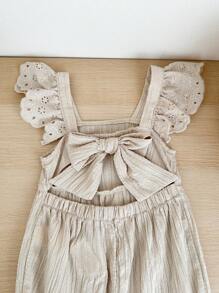 SHEIN LMoss Kids Girl's Cute Apricot Textured Cap Sleeve Jumpsuit, Versatile Summer