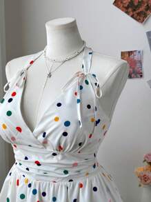 Flirla Plus Size Polka Dot Print Halter Backless Casual Summer Dress - White - View 3