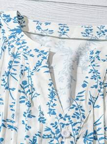 Linhara Plus Summer Elegant Going Out Tops Blue V-Neck Smocked Peplum Office Blouse With Flutter Sleeves - Multicolor - View 3