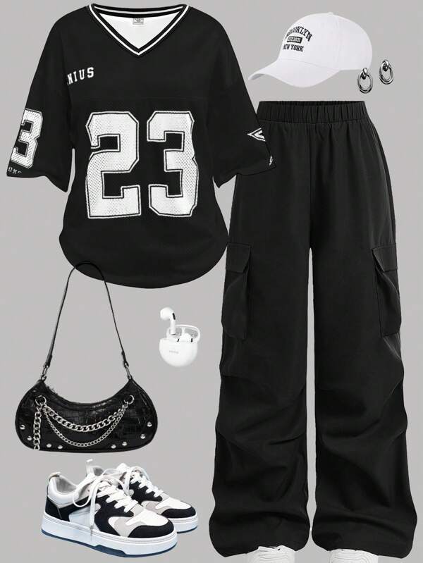 SHEIN Girlism Teen Girls 2 Pieces Set - Black Graphic Tee & Cargo Pants With Digital & Letter Print Contrast Panels, Sporty Streetwear Casual Outfit