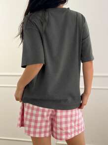 DAZY Women Solid Color T-Shirt And Plaid Short Pajama Pants 2-Piece Sleepwear Set