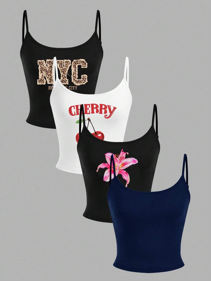 SHEIN ICON 4pcs Set Women Summer Cherry Blossom Floral Print Casual Cropped Camisole Tank Top, Suitable For Vacation Back To School - Multicolor - View 1