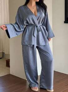 Dazy Plus Plus Size 2pcs/Set Plain V-Neck Long Sleeve Robe & Loose Pants Sleepwear Set, All Season, Fall Winter Clothes - Blue - View 8
