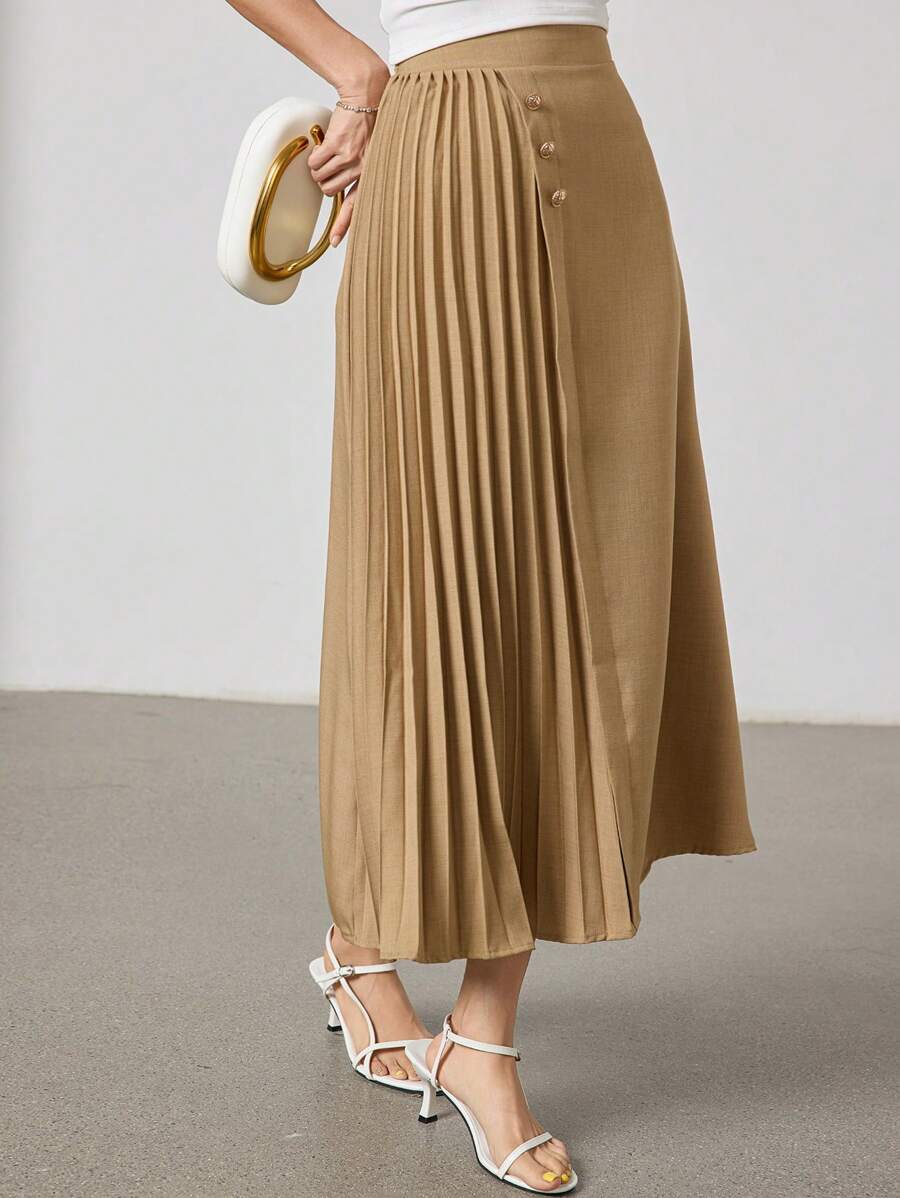 Modelyn 女士优雅褶皱拼布 A 字裙，夏季 - 卡其色 - 查看 1