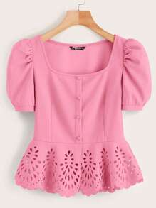 SHEIN Clasi Women's Fashion Button-Decor Square Collar Ruched Puff Sleeve Blouse - Pink - View 1