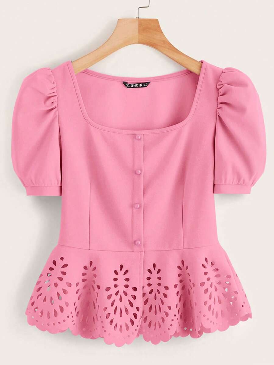 SHEIN Clasi Women's Fashion Button-Decor Square Collar Ruched Puff Sleeve Blouse - Pink - View 1