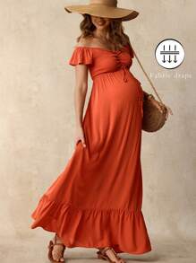 Boho Mama Bohemian Maternity Off-Shoulder Ruffled Hem Short Sleeve Solid Color Dress - Rust Brown - View 1