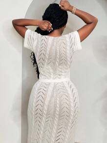 Slaydiva 1pc White Textured Knit One-Shoulder Bodycon Long Dress - White - View 2