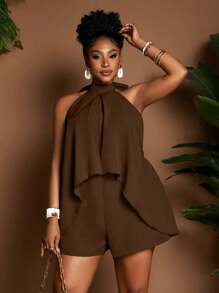 Maweii Plus Size Summer Casual Solid Color Backless Halter Romper - Brown - View 4