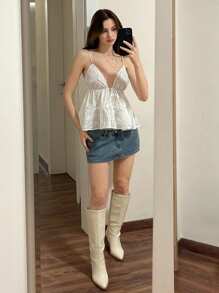 Sweetina Women's White Embroidered Camisole With Front Tie & Open Back, Casual Holiday Tank Top - White - View 3