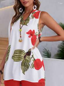 EMERY ROSE 2 件套女士休闲花卉印花 V 领无袖上衣和纯色短裤 - 紅色 - 查看 4