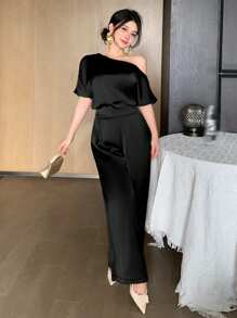 DAZY 女士奢华精致夏季连体裤，优雅高端轻缎华丽连体裤 - 黑色 - 查看 3