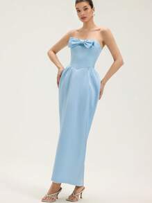 Aveloria EMERY ROSE Vestido de estilo italiano romántico con lazo, sin tirantes, de satén brillante, con diseño de pétalos de tulipán y falda acampanada para mujer - Azul - Ver 5