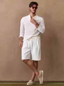 Manfinity VCAY Men's Casual Slim Fit V-Neck Fringe Trim Solid Color Long Sleeve Top - White - View 3