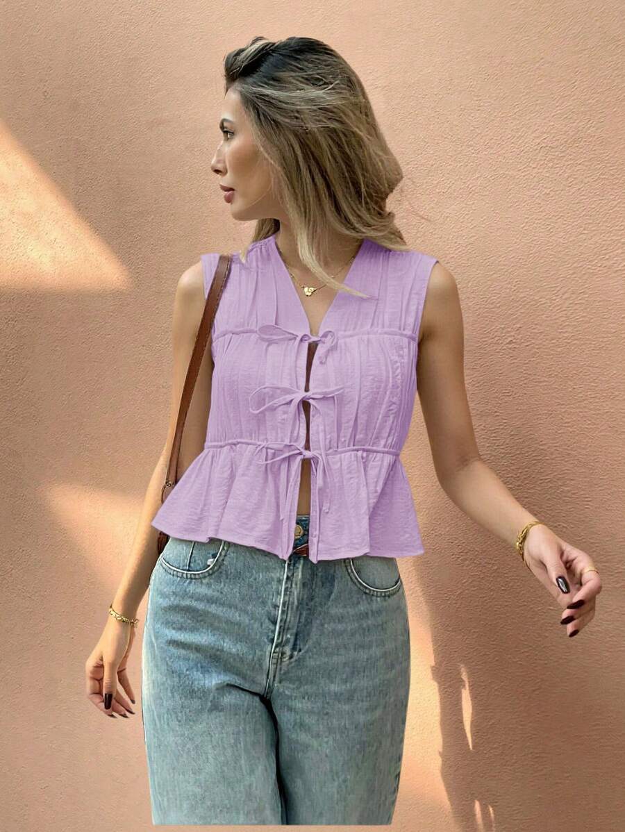 SHEIN Frenchy Áo cánh không tay cổ chữ V buộc phía trước màu trơn cho nữ - Màu tím hoa cà - Xem 1