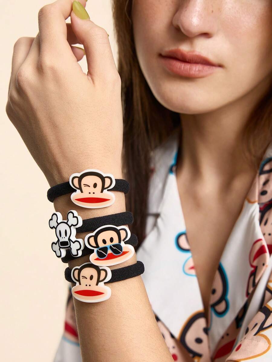 Paul Frank X SHEIN 8pcs Cute Cartoon Monkey & Black Elastic Hair Ties, Ponytail Holders - Black - View 1