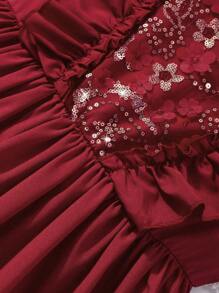 SHEIN Tween Girl Wine Red Woven Dress, With Sequins Embroidery Splice On Front Chest, Cap Sleeves, Ruffle Front, Elegant And Vintage, Suitable For Ball And Party