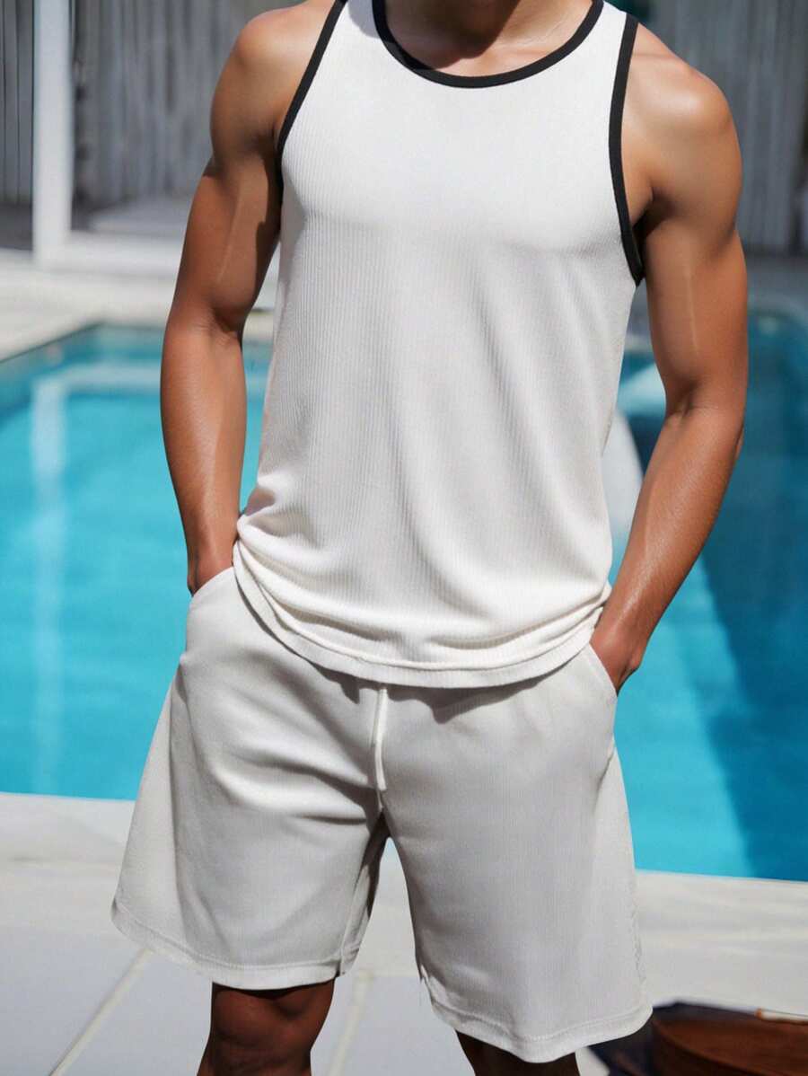 SHEIN Teen Boys' Textured Fabric Contrast Color Black & White Tank Top, Comfortable, Fashionable, Minimalist, Versatile, Soft Fabric Suitable For Daily Wear, School, Travel, Outdoor Sports, Beach, Gym, Spring/Summer - White - View 1