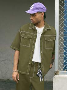 AXEPEAK 男士短袖休闲衬衫，适合夏季，街头风 - 軍綠色 - 查看 1