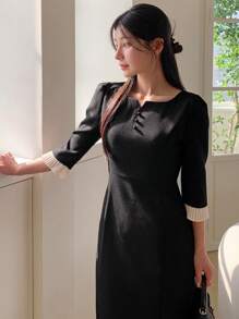 DAZY Damen Mittellang Kleid mit Patchwork Farbblöcken und Ärmeln in Mittellänge