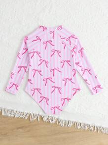 2025新款印花女童长袖拉链连体泳衣，2件套，适合海滩度假 - 粉色 - 查看 2