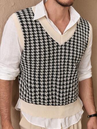 GENTILAND Men's Houndstooth Pattern Fitted Knit V-Neck Vest, Casual