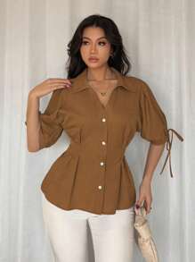 Franclia 女士优雅短袖衬衫 T 恤，修身收腰泡泡袖衬衫上衣 - 棕色 - 查看 4