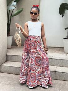 SHEIN Tween Girls Lace Sleeveless Top + Floral Print Skirt 2-Piece Vacation Outfit - Burgundy - View 3