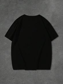 Manfinity Homme 大码男士短袖连体衣，oversize，男士休闲简约字母标语刺绣工艺T恤，宽松落肩休闲短袖T恤，浅卡其米色麂皮纹理面料T恤，年轻街头潮流，热销，送给男朋友的礼物，年轻休闲运动街头日常通勤百搭返校度假装，送给男朋友和老公的礼物首选，情侣装 - 黑色 - 查看 2