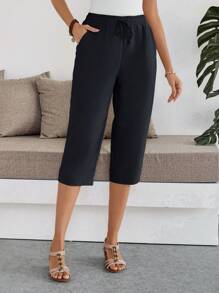 EMERY ROSE Women Solid Color Elastic Waist Casual Versatile Capri Pants Work Pants - Blue - View 4