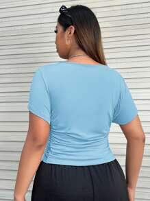 SHEIN EZwear Plus Size Ruched Waist Detail Stretchy T-Shirt - Blue - View 2