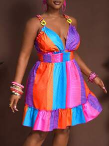 Slaydiva Sexy Vacation & Date Multicolor Ring Strap Waist A-Line Ruffle Hem Colorful Stripe Pattern Plus Size Women Dress, Spring/Summer - Multicolor - View 5