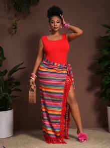 Veslaya Bộ 2 món/Bộ đồ liền quần dệt kim cỡ lớn có xẻ tà, thích hợp cho kỳ nghỉ - Đỏ - Xem 7