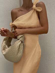 Siren Gaze 女士纯色不对称领口褶皱优雅连衣裙 - 卡其色 - 查看 6