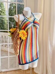 Skyraze 女士条纹微镂空海滩度假连衣裙，夏威夷女装 - 彩色 - 查看 6