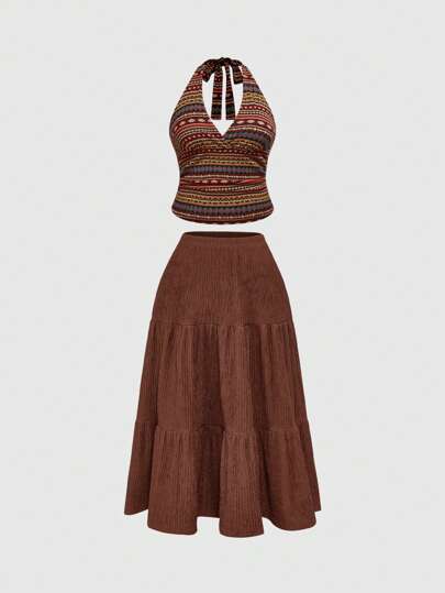 Hippie Conjunto de 2 piezas para mujer talla grande, con camiseta de tirantes y minifalda con estampado retro bohemio, atuendo de verano