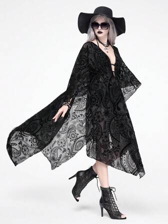 Goth Women's Retro Gothic Totem Vine Pattern Flocked Mesh Casual Vacation Cover-Up Cover Up